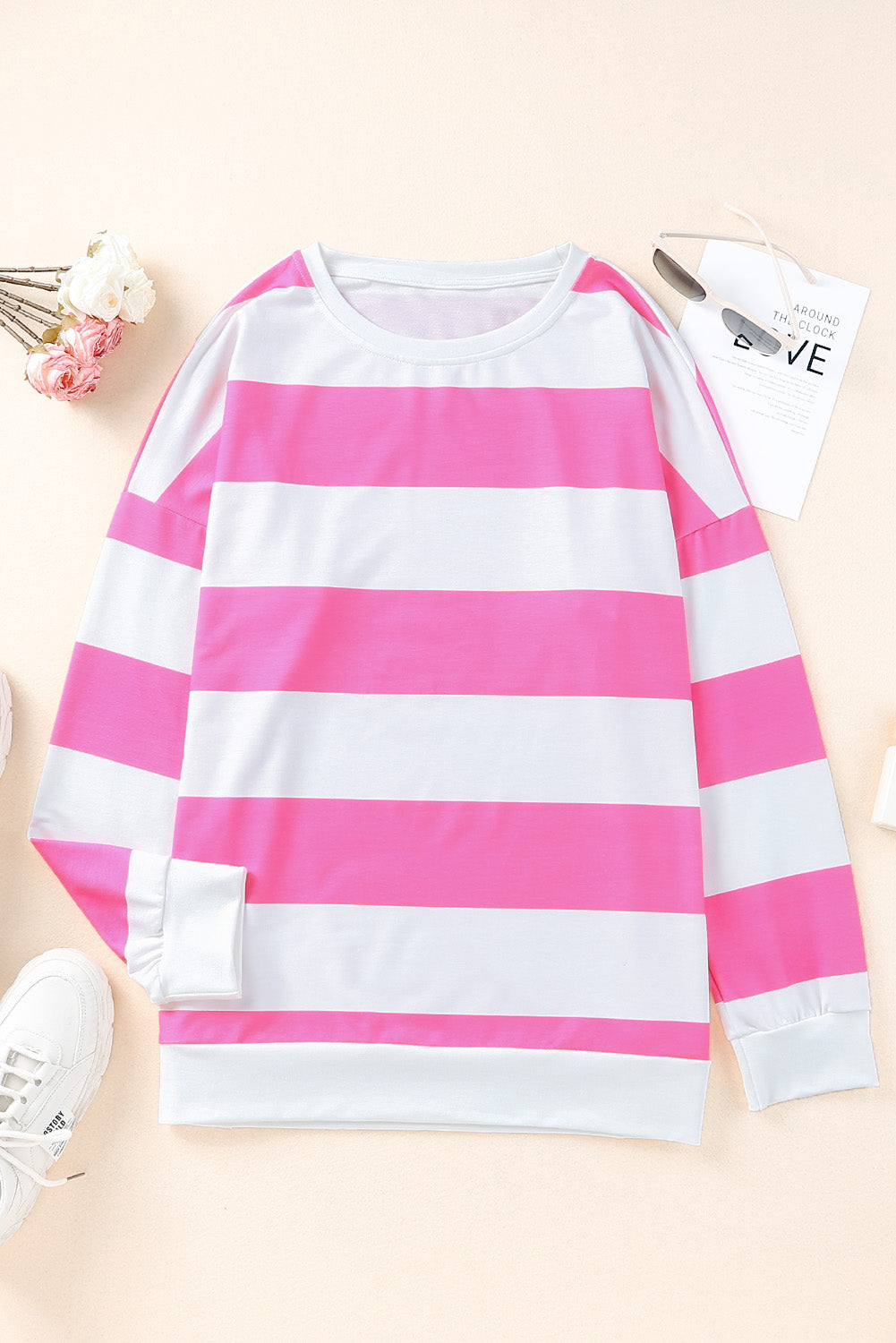 Pink Striped Side Slit Plus Size Sweatshirt