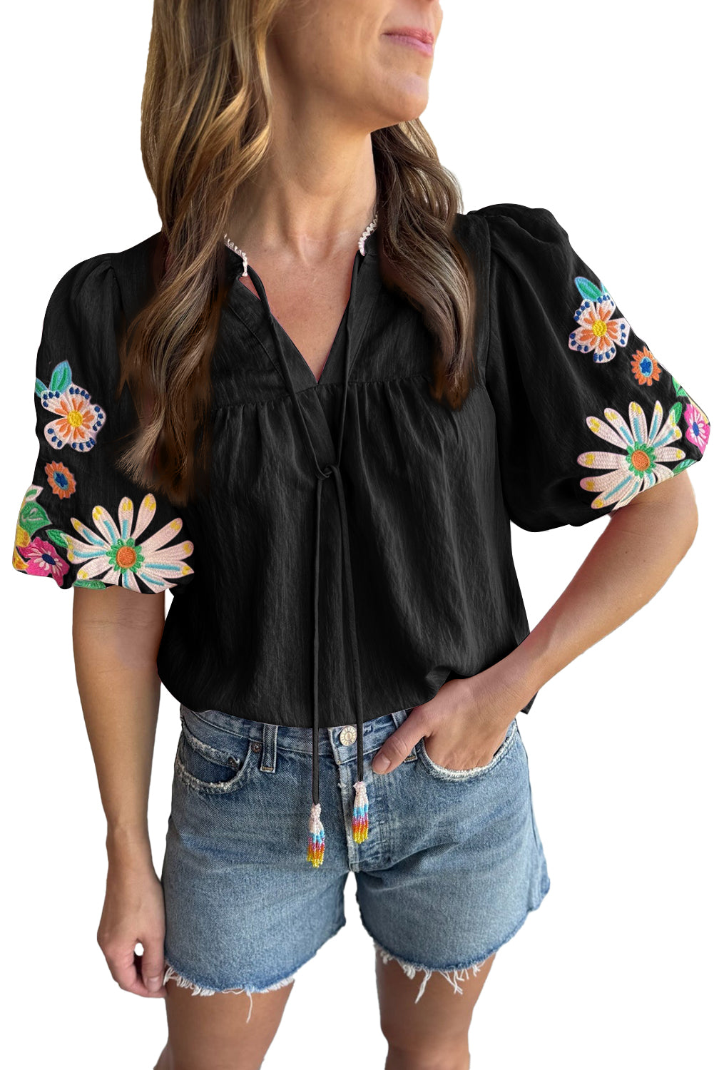 Black Blumenbluse gestickt