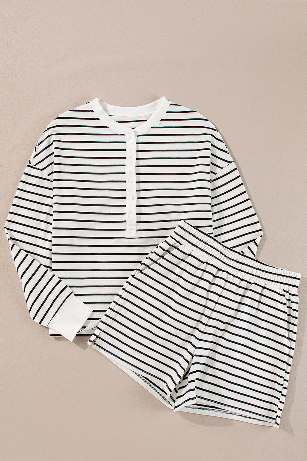 Black and white striped printed half button long sleeve top and shorts set