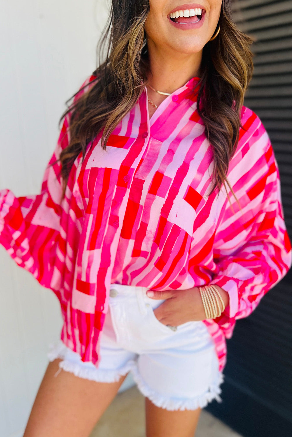 Pink Abstract Print Batwing Sleeve Casual Shirt