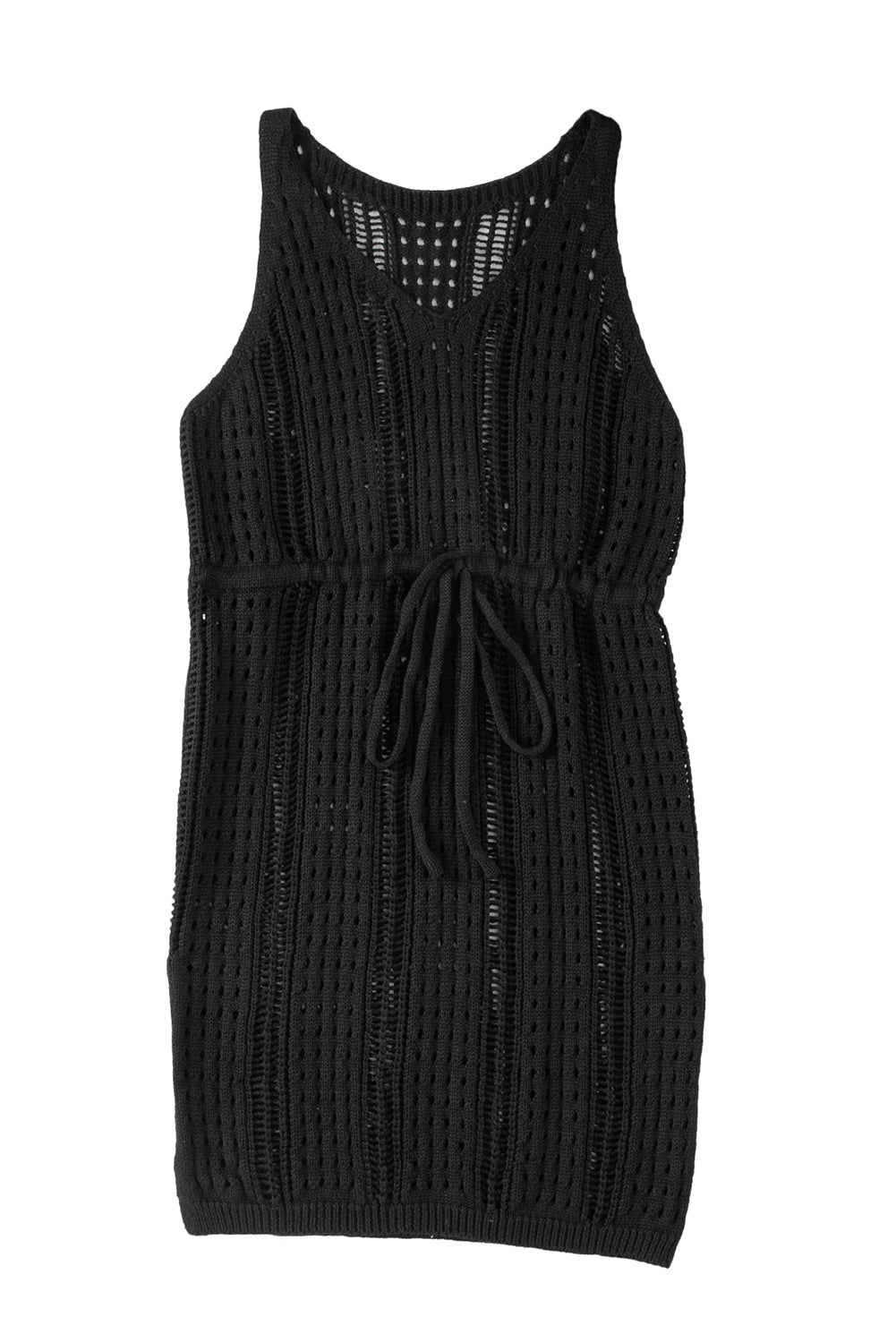 Robe de plage noire sans manches ajourée au crochet avec cordon de serrage