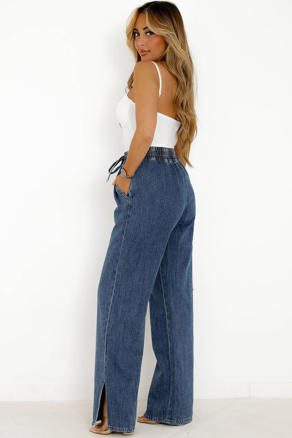 Dark Blue Drawstring Elastic Waist Wide Leg Jeans