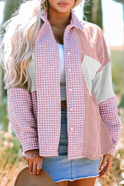 Pink Houndstooth Color Contrast Textured Patchwork Loose Jacket