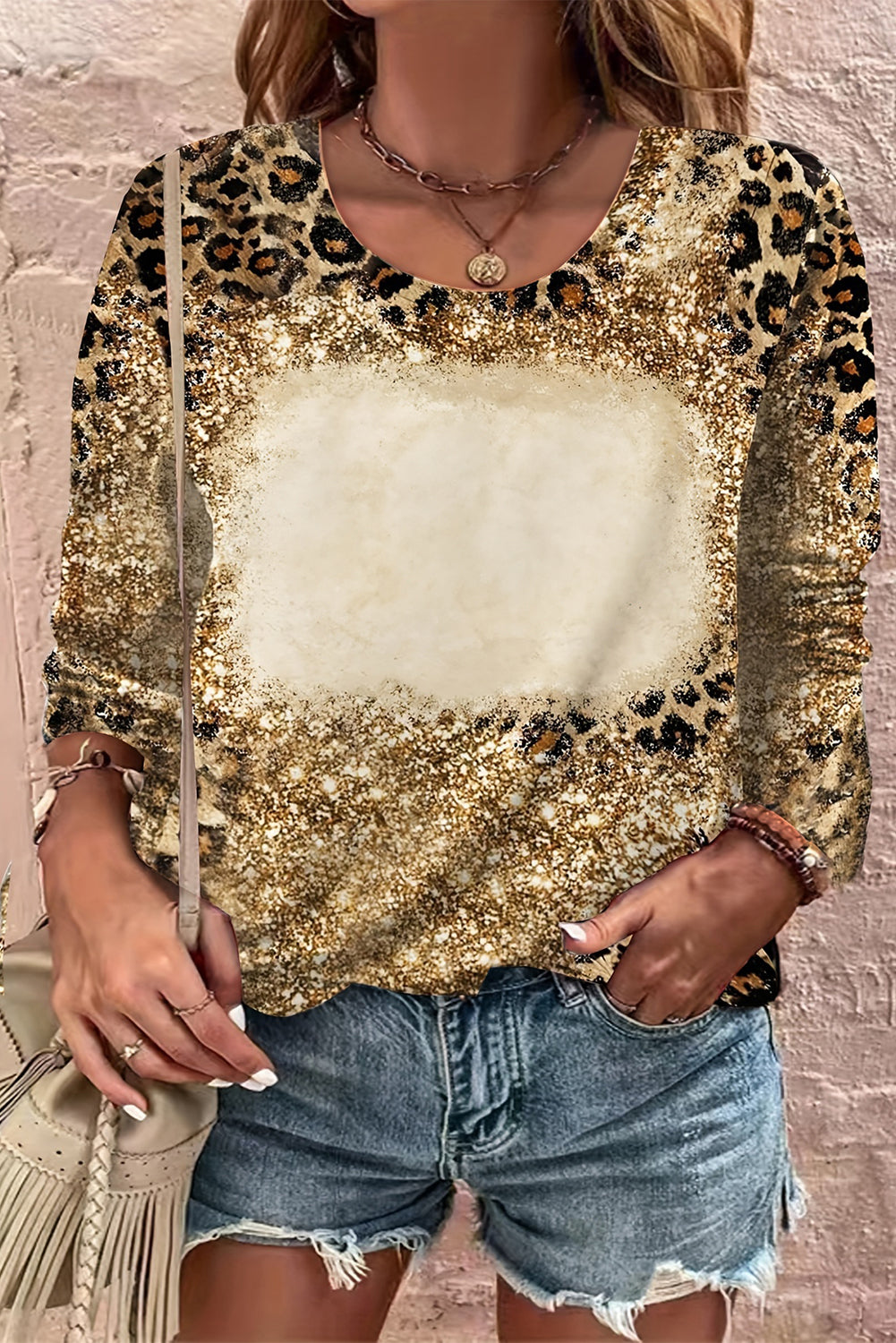 Brown Cheetah Bleached Print Long Sleeve T Shirt