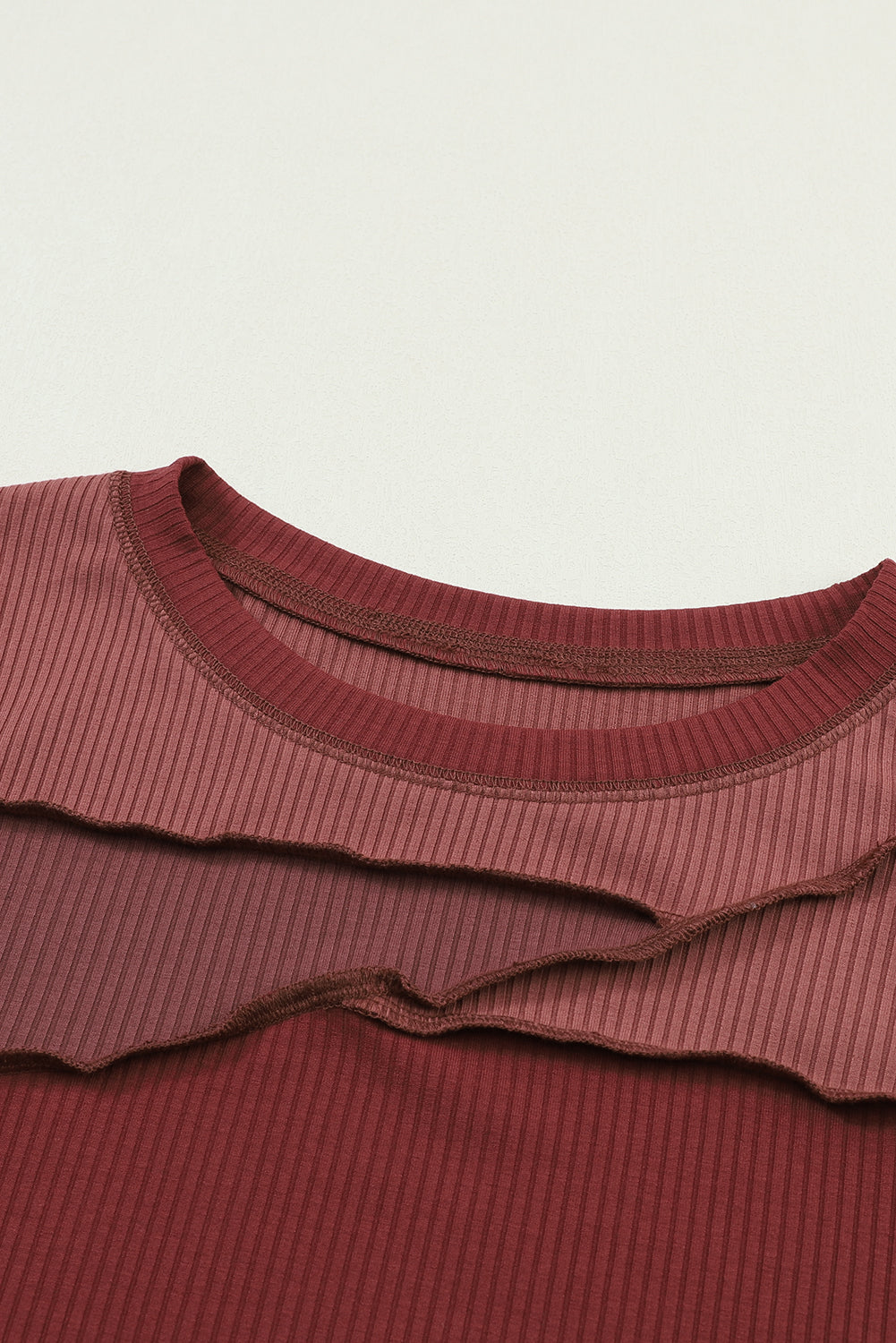 Fiery Red Expose Seam Color Block Ribbed Knit Top