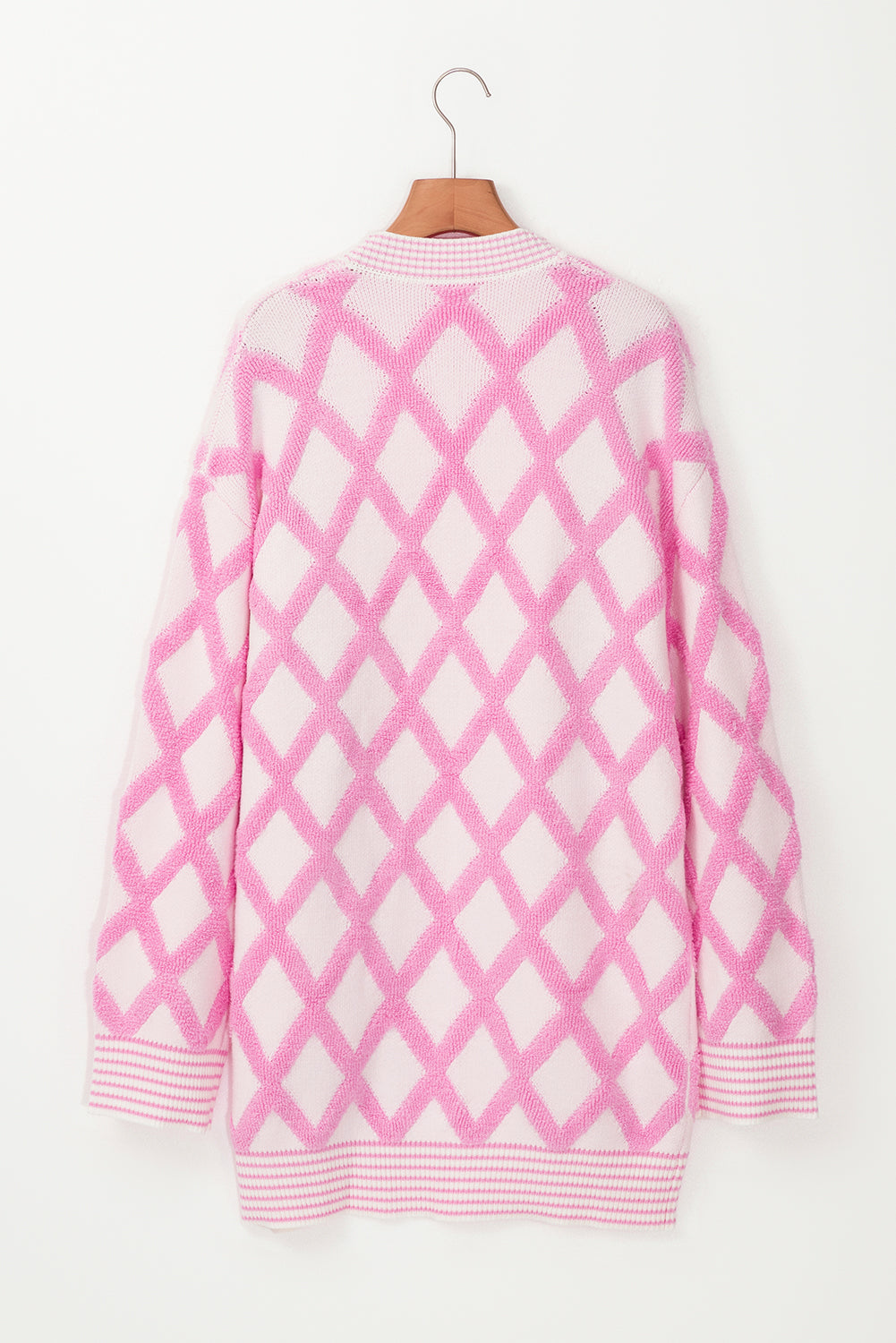 Cardigans en tricot à motif losange rose, ouverts sur le devant, avec poches-A WOMAN WE LOVE