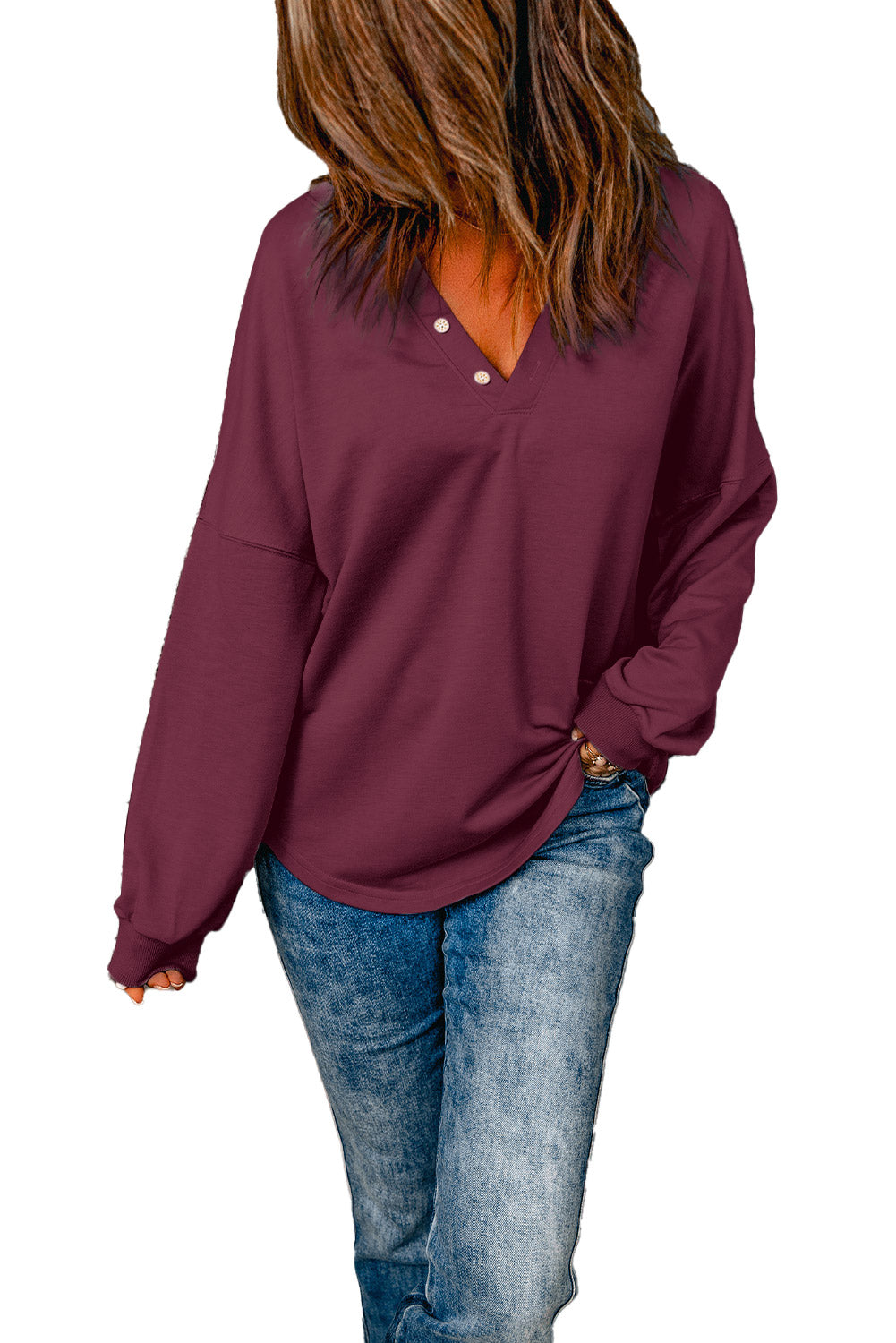 Wine Buttoned V Neck Cotton Loose Fit Top