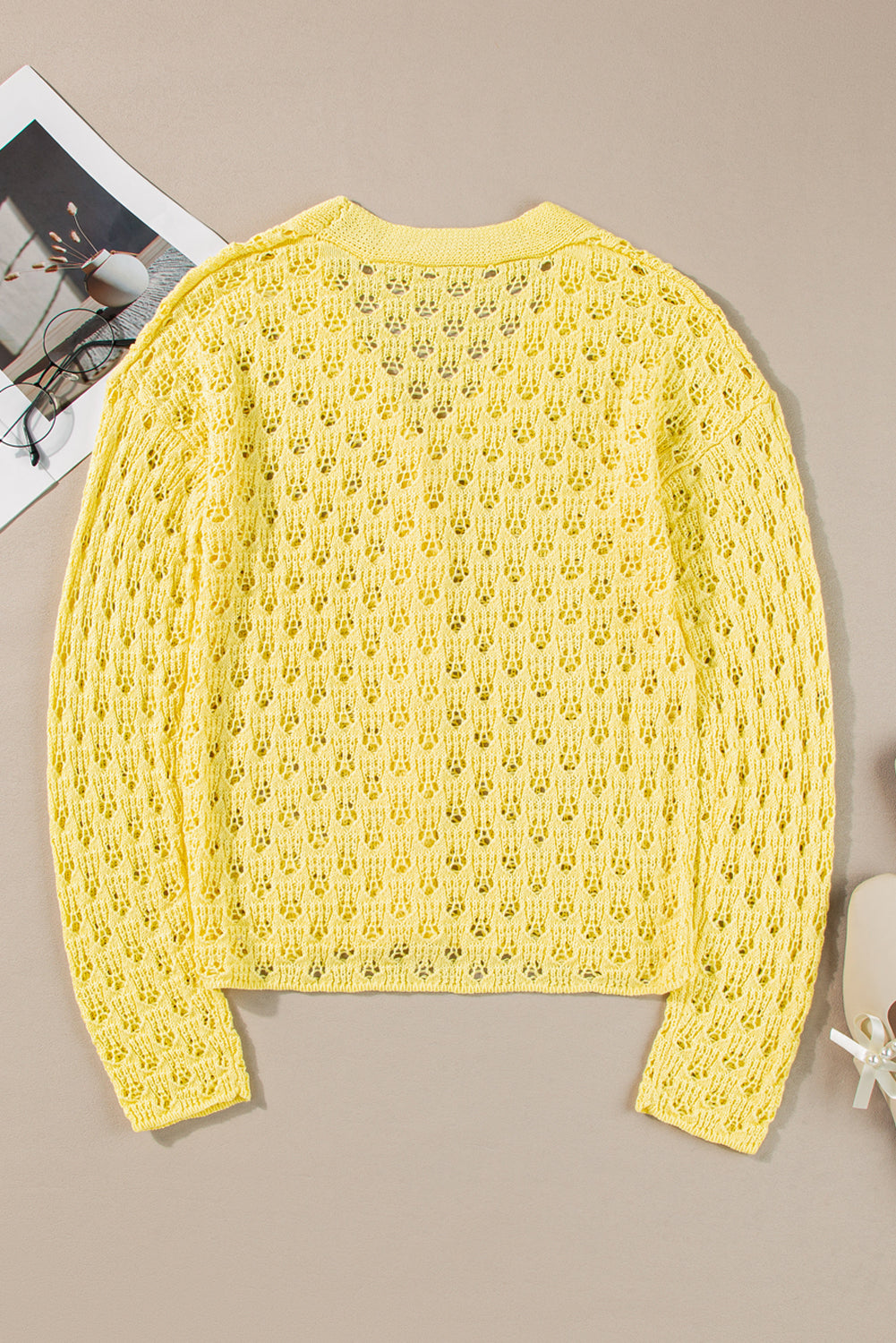 Cardigan pull jaune en maille pointelle à col en V