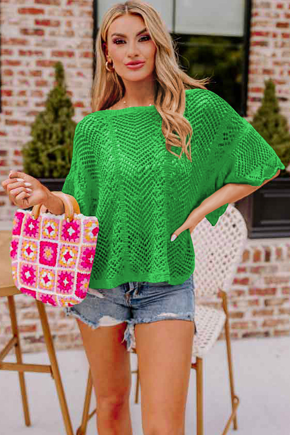 Green Pointelle Knit Scallop Edge de manga corta