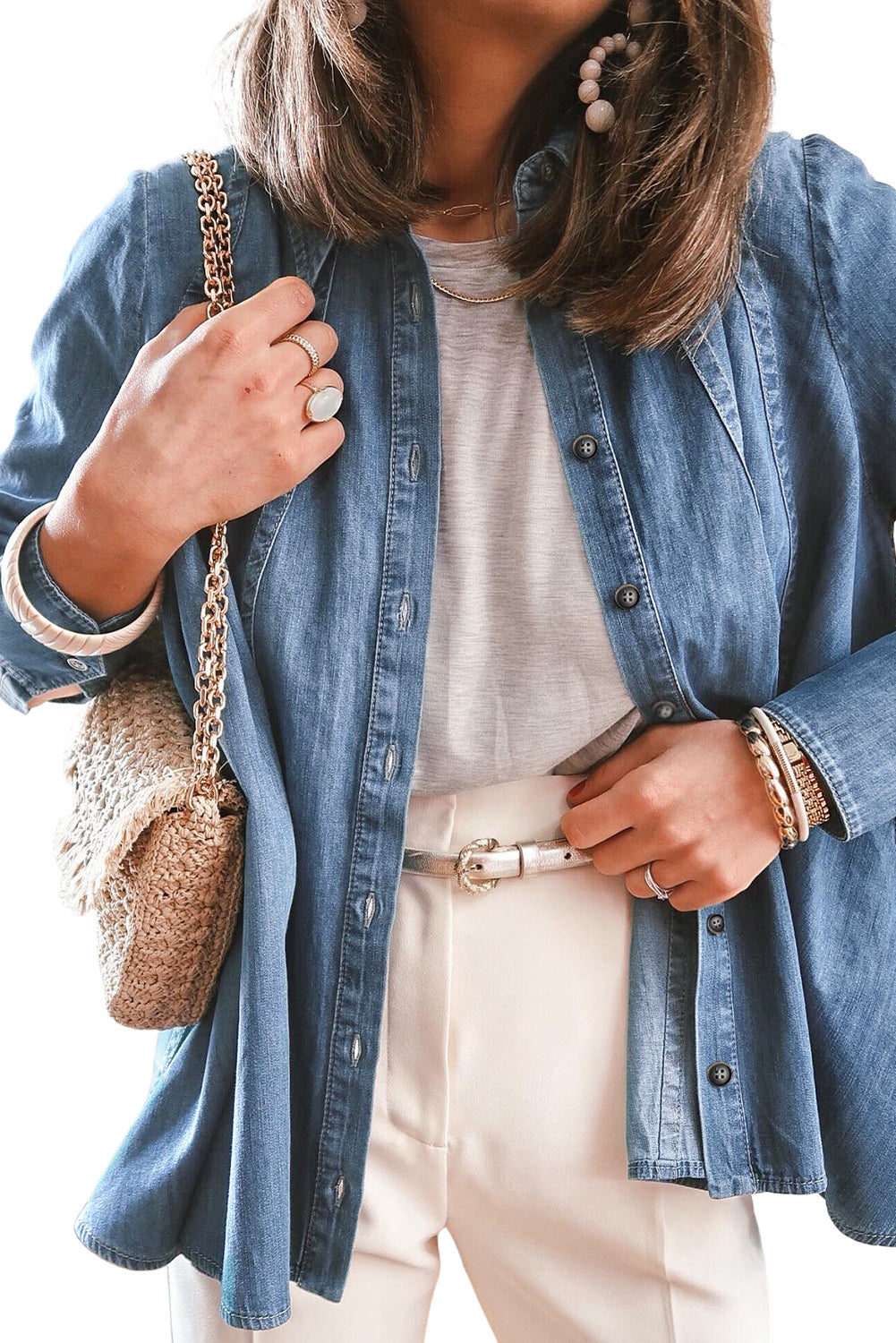 Giacca per camicia in denim a maniche lunghe blu cielo