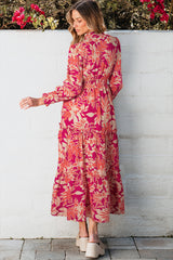 Robe longue taille haute smockée boutonnée à imprimé floral rose