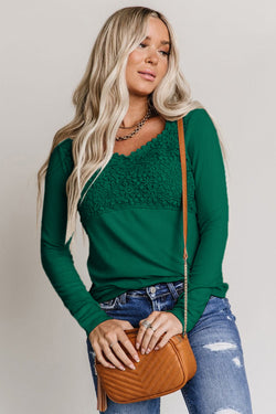 Green Long Sleeve V-Neck Lace Crochet Top