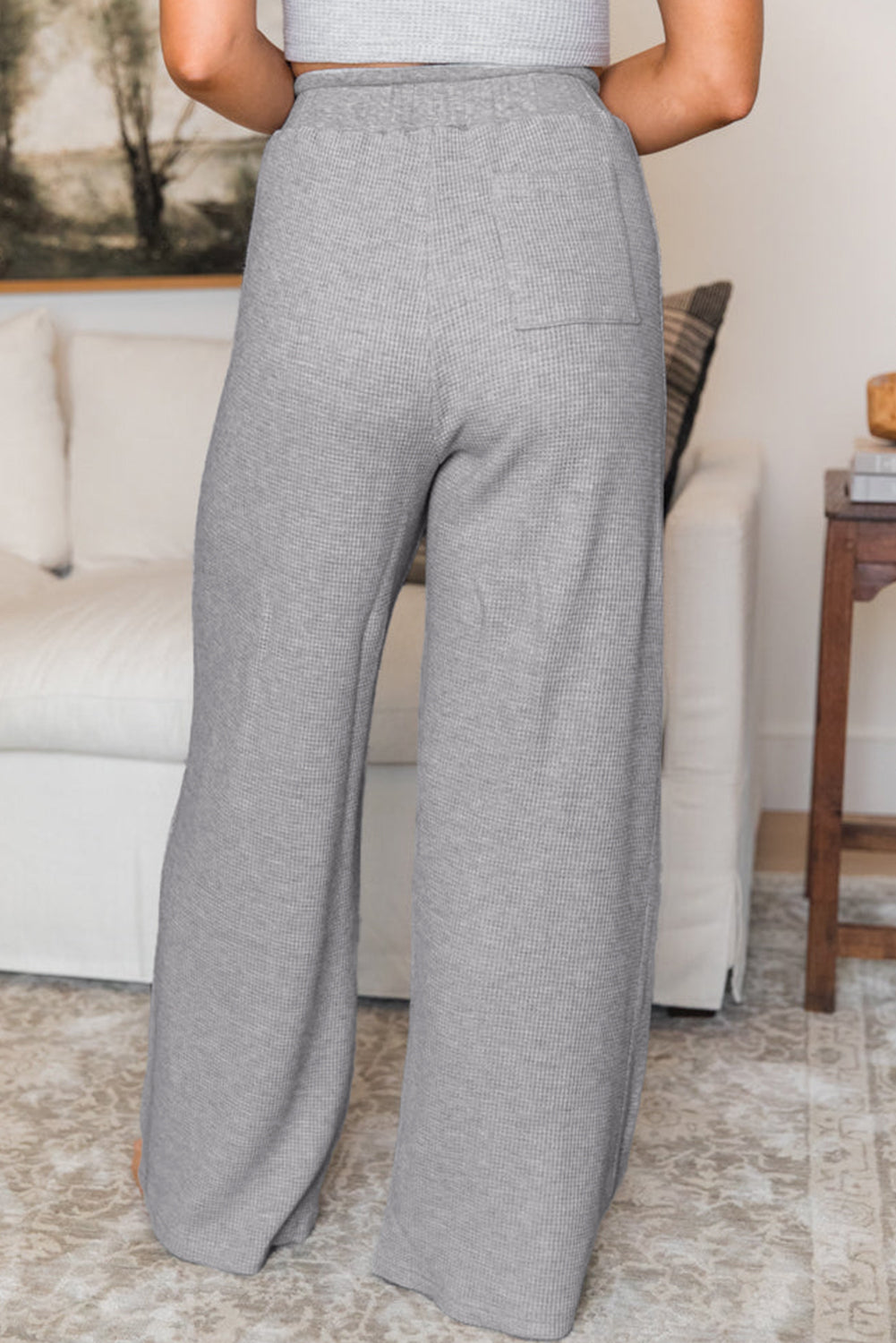 Pantalones de pierna ancha y cintura alta con cordón de punto gofre gris