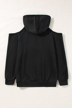 Black Drawstring Off Shoulder Hoodie with Seam Detail