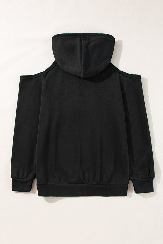 Black Drawstring Off Shoulder Hoodie with Seam Detail