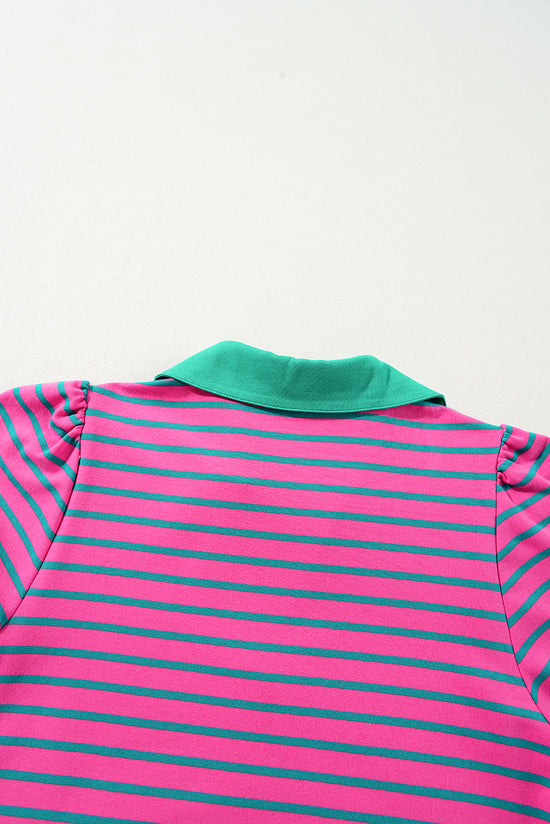 Striped pink t-shirt dress, V * collar