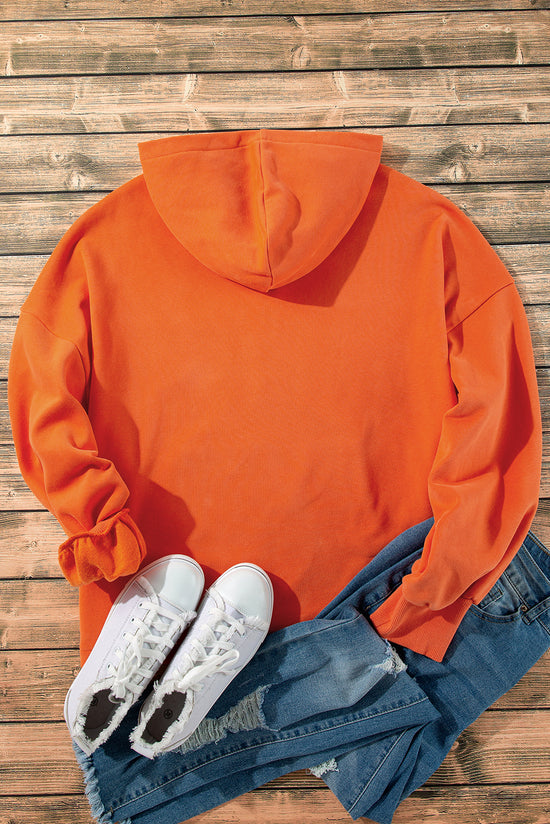 Orange full hooded sweatshirt with kangaroo pockets and semi-ferms flash doubled with fleece