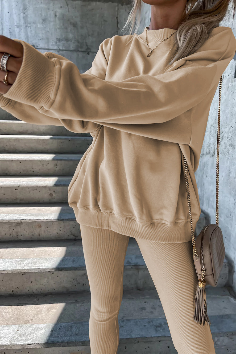 BEIGE Solid Seltshirt e leggings Set da due pezzi