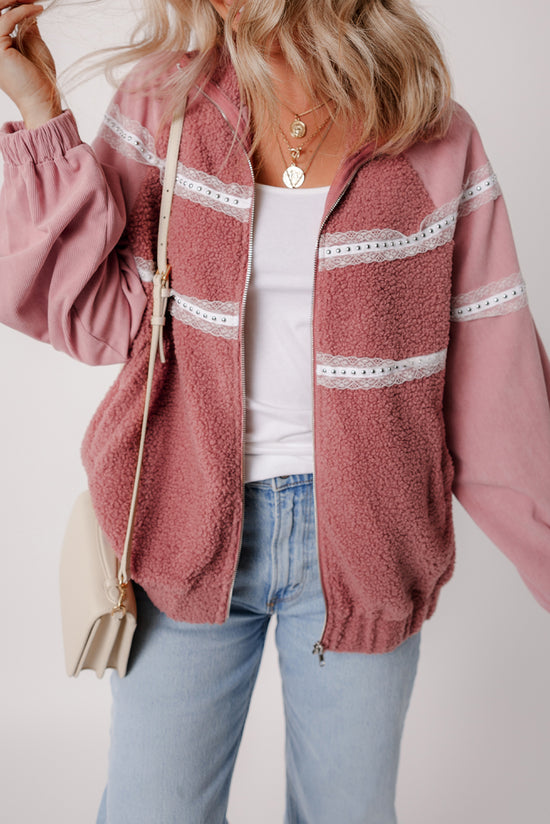 Rose: chaqueta con cremallera en sherpa Patchwork en encaje con muñecas elásticas y cremallera