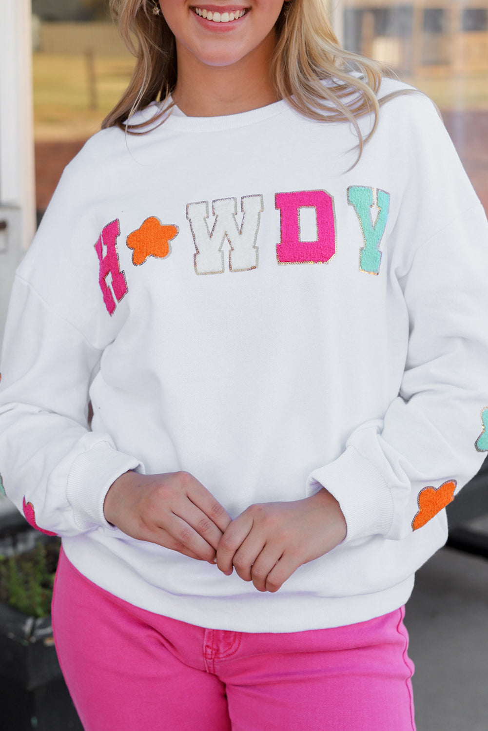 Weiß Howdy Glitter Chenille Patch Grafik Casual Sweatshirt