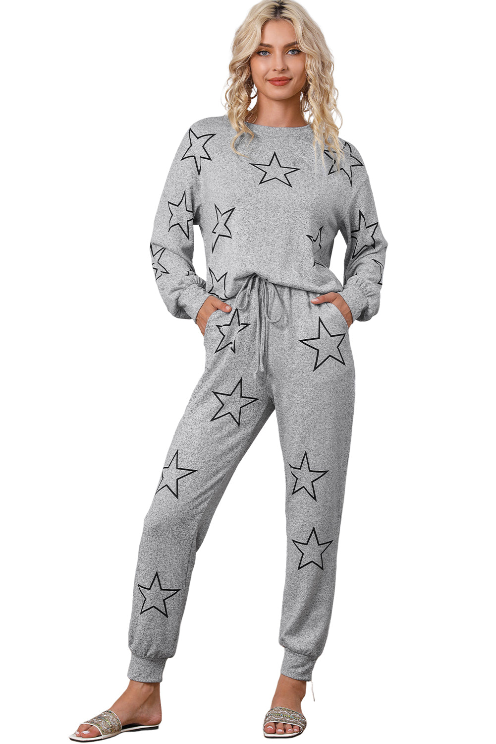 Gray Stars Print Long Sleeve Drawstring High Waist Lounge Set