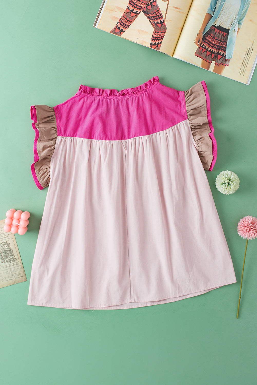 Pink Colorblock Ruffenhülse Frill gegen Nackenbluse