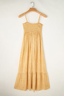 Robe longue jaune à fleurs, smockée, taille haute, à volants