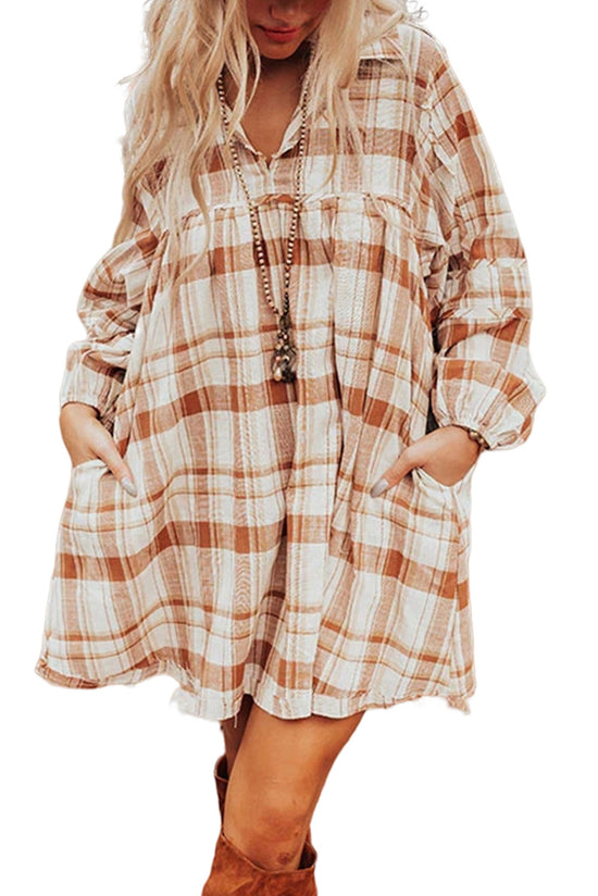 Mini-Robe Babydoll with ruffles and side pockets printed checkered