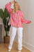 Orange striped blouse, balloon sleeves, notched v collar, buttoned on the front