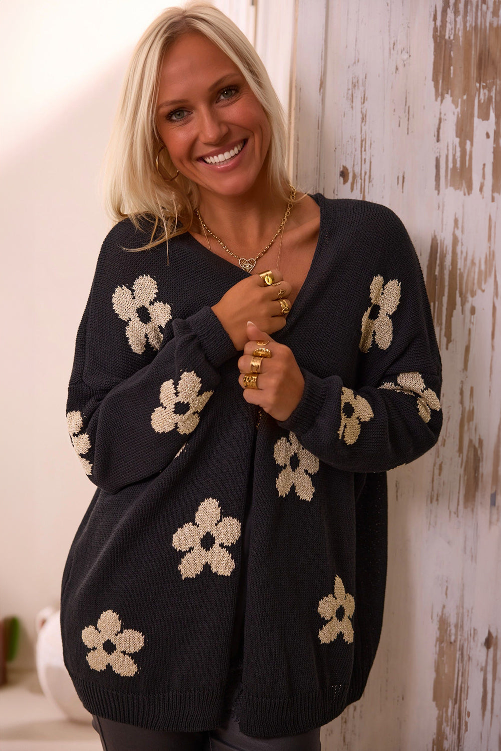 Black floral print open front loose knitted cardigan