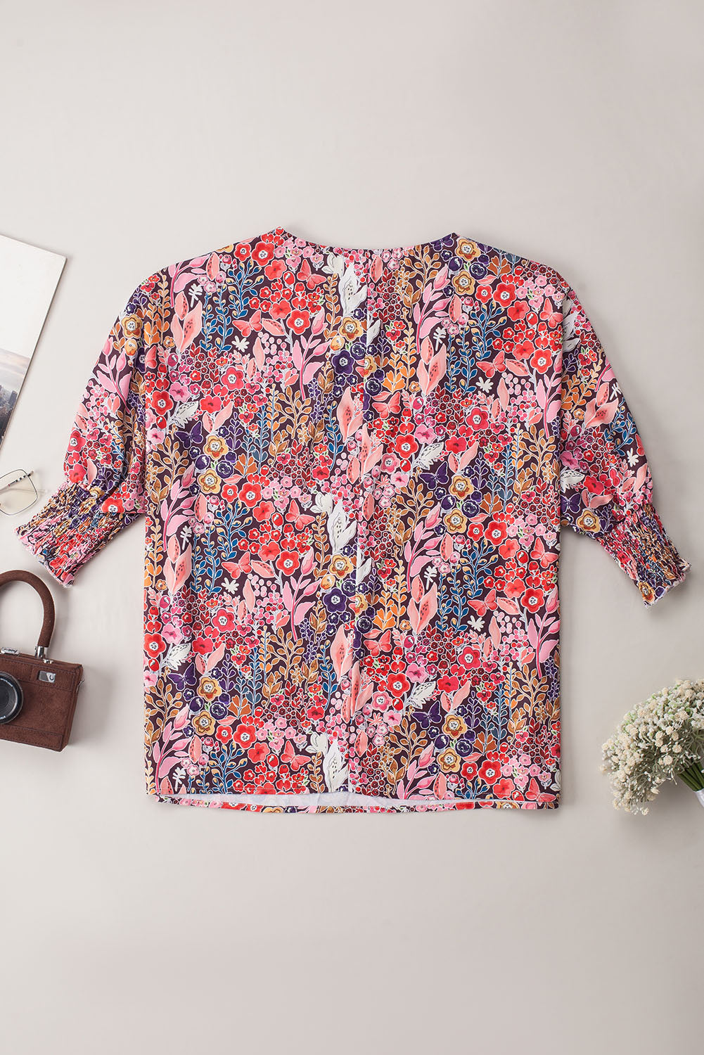 Blouse tunique froncée à manches 3/4 et imprimé floral multicolore