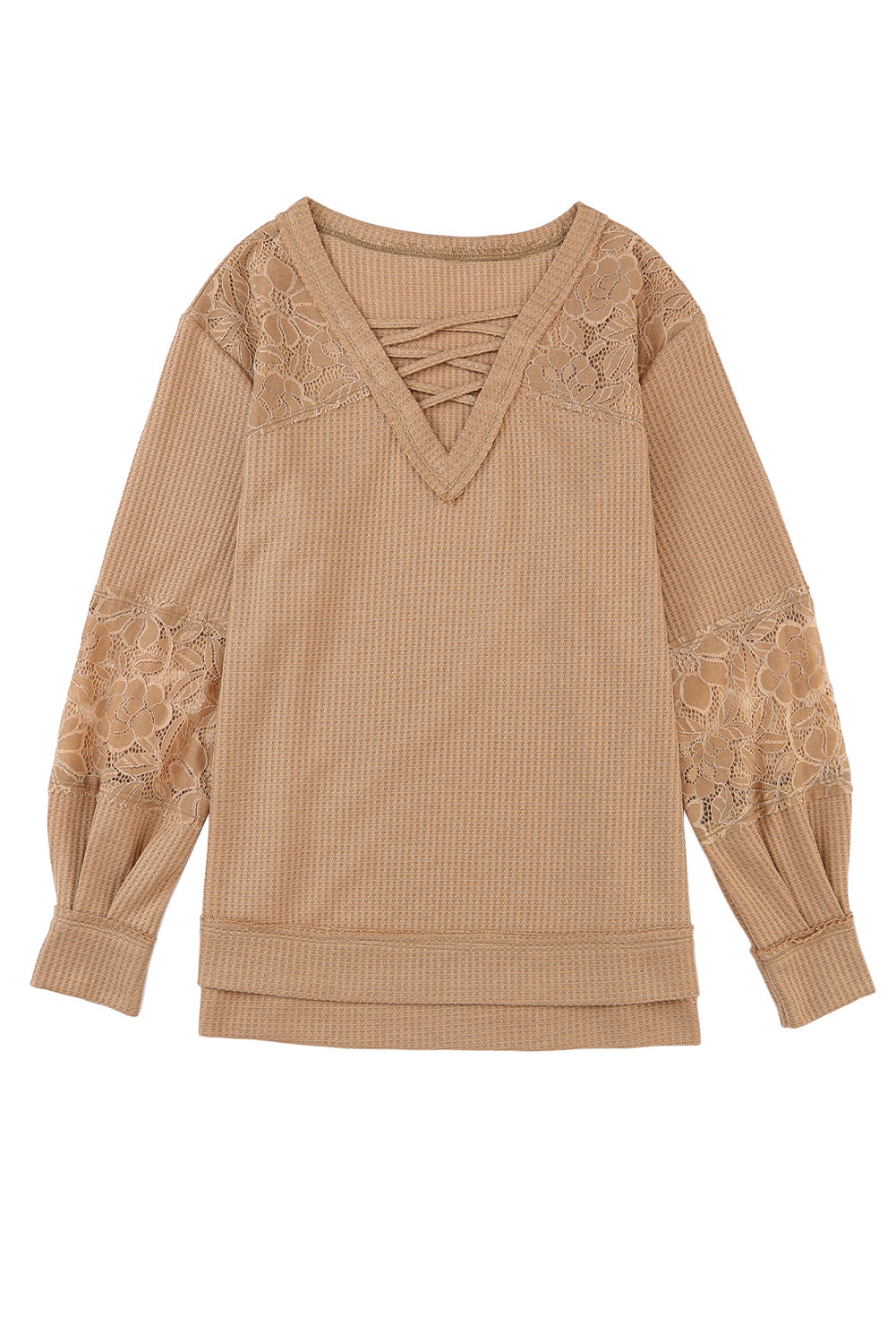 Apricot Lace Waffle Patchwork Strappy V Neck Long Sleeve Top