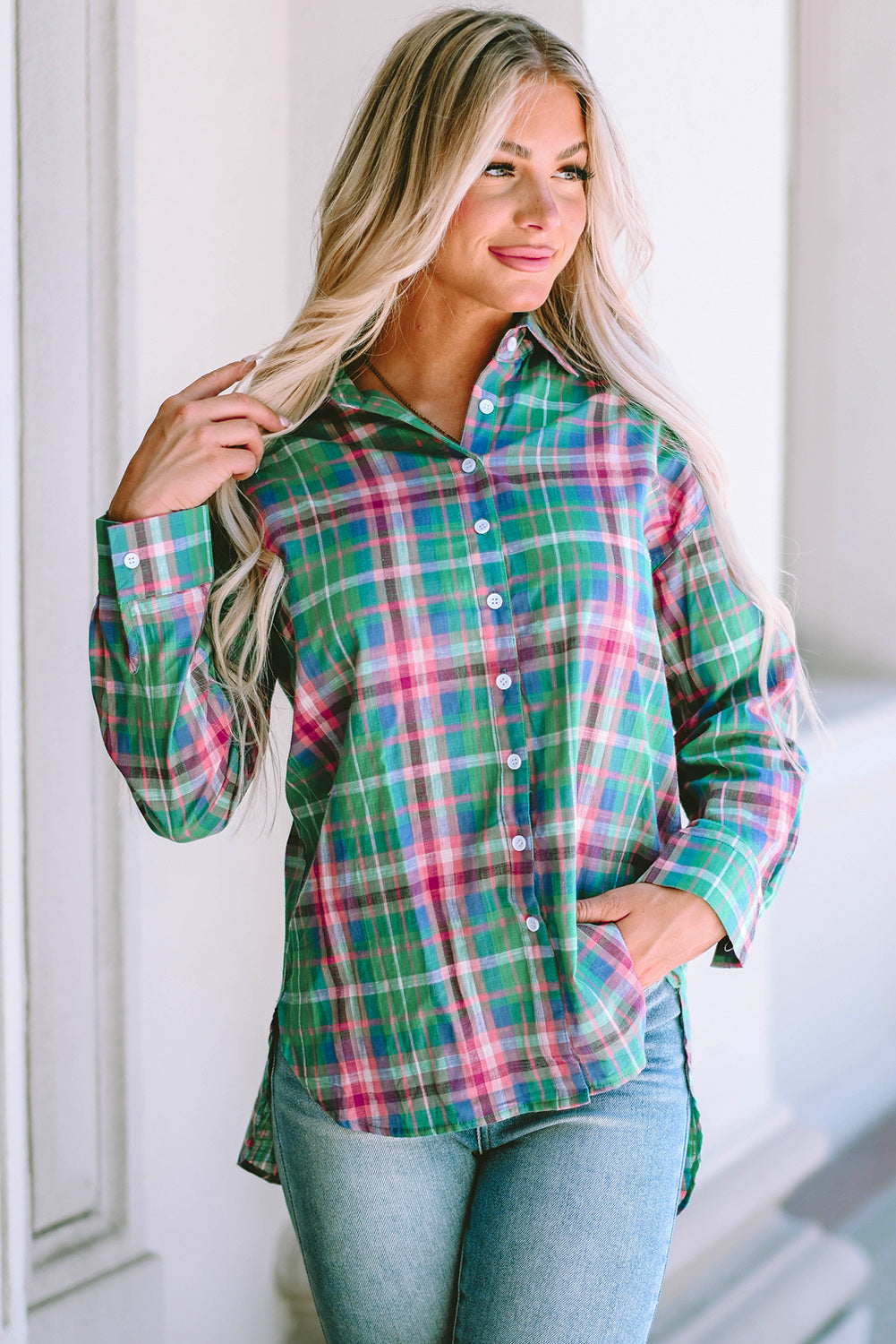 Chemise divisée à manches longues à plaid vert