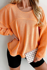 Grapefruit Orange Solid Color Textured Long Sleeve Top