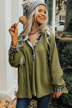 Green Waffle Knit Henley Hoodie with Flowy Plaid