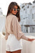 Khaki blouse with ruffles and flared sleeves with an upright and knotted collar