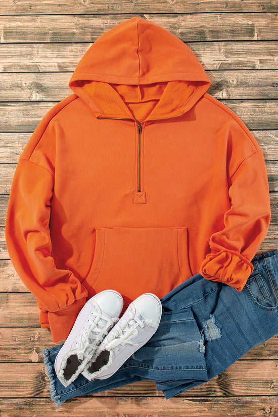 Orange full hooded sweatshirt with kangaroo pockets and semi-ferms flash doubled with fleece