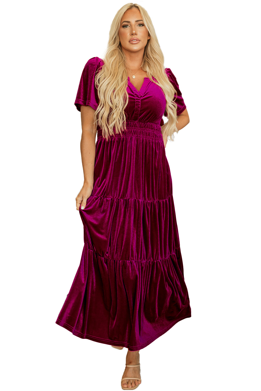 Robe longue en velours Dahlia rouge à manches courtes et taille froncée à plusieurs niveaux