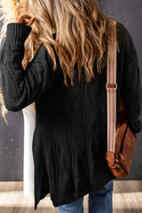 Cardigan noir en maille torsadée à œillets et bordures côtelées-A WOMAN WE LOVE