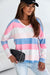 Pink Long Sleeve V-Neck Top with Contrast Stripes