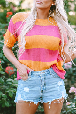 Pull Tricotted T-shirt with orange stripes and color blocks