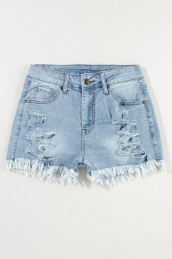 Light Blue Ripped High Waisted Denim Shorts with Raw Hem