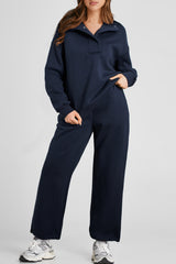 Ensemble sweat-shirt à col de couleur unie et pantalon taille haute bleu marine-A WOMAN WE LOVE