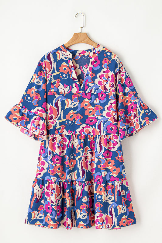 Blue Plus Size Floral Print Ruffled 3/4 Sleeve Mini Dress