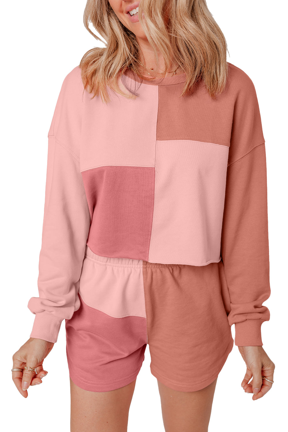 Peach Blossom Color Block Patchwork Long Sleeve Shorts Outfit