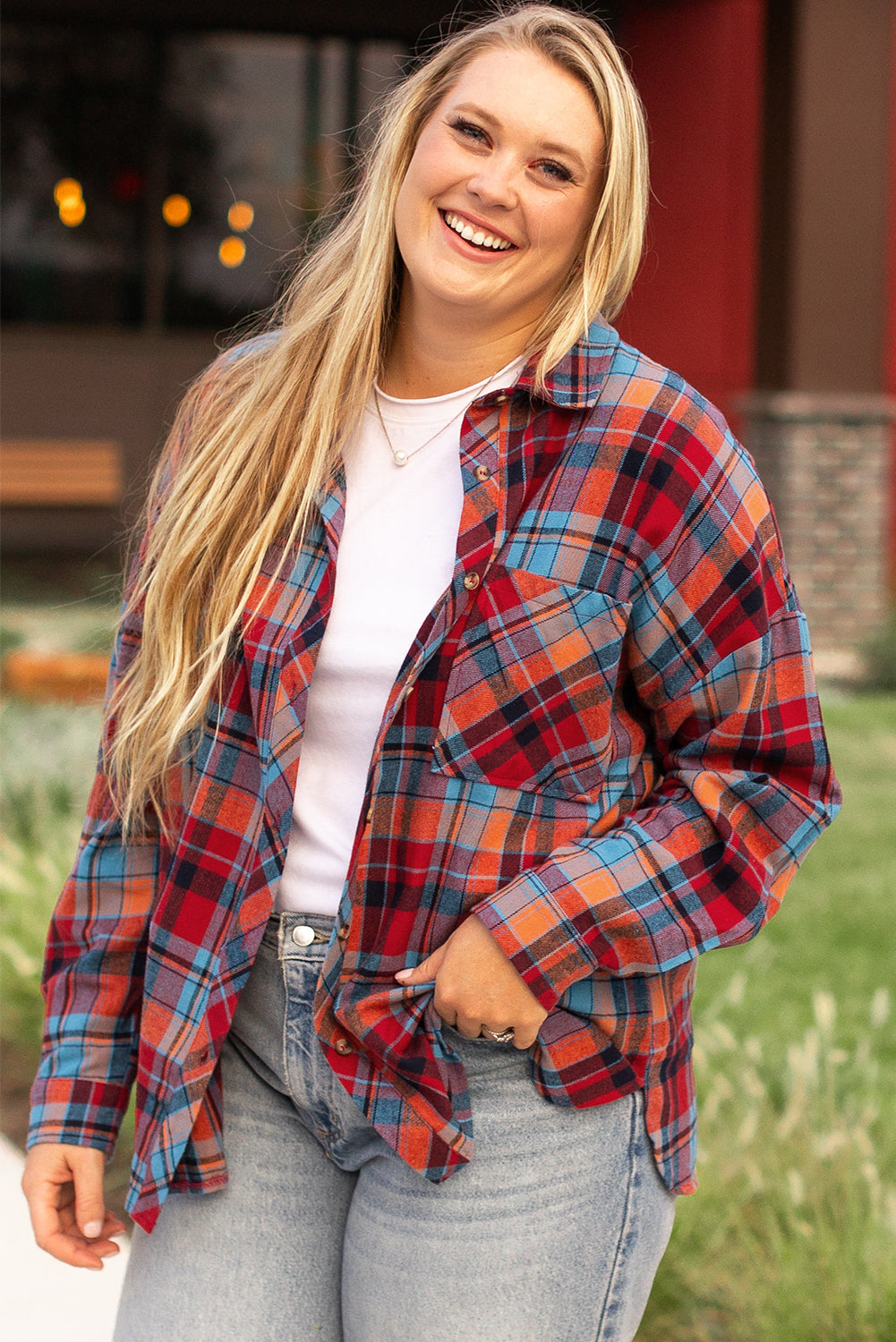 Chemise Boutonnée Imprimée à Carreaux Rouge Grande Taille