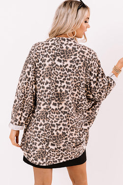 Cárdigan Ample Túnica con manijas de murciélagos y estampado de leopardo de color caqui