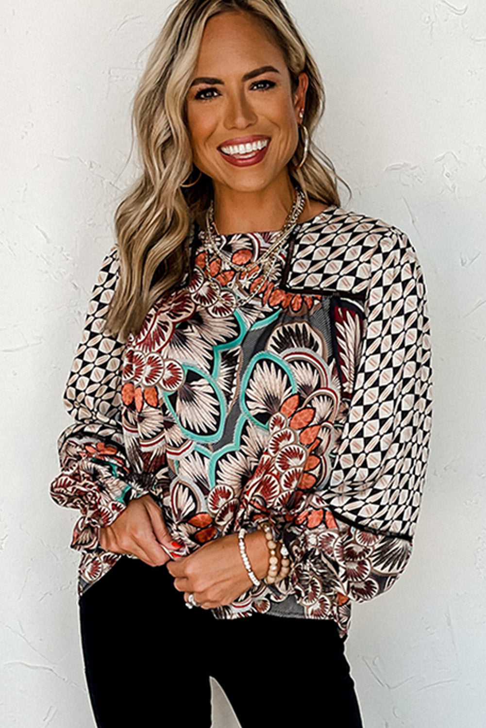 Black Mixed Floral Geometric Print Ruffled Long Sleeve Blouse