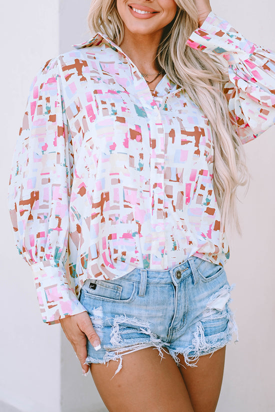 Multicolored lantern sleeve and abstract print shirt