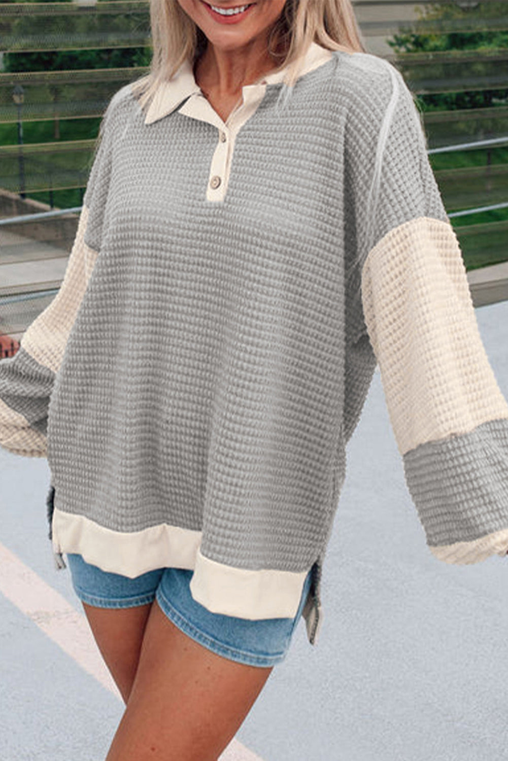 Khaki Textured Henley Top with Color Block Collar